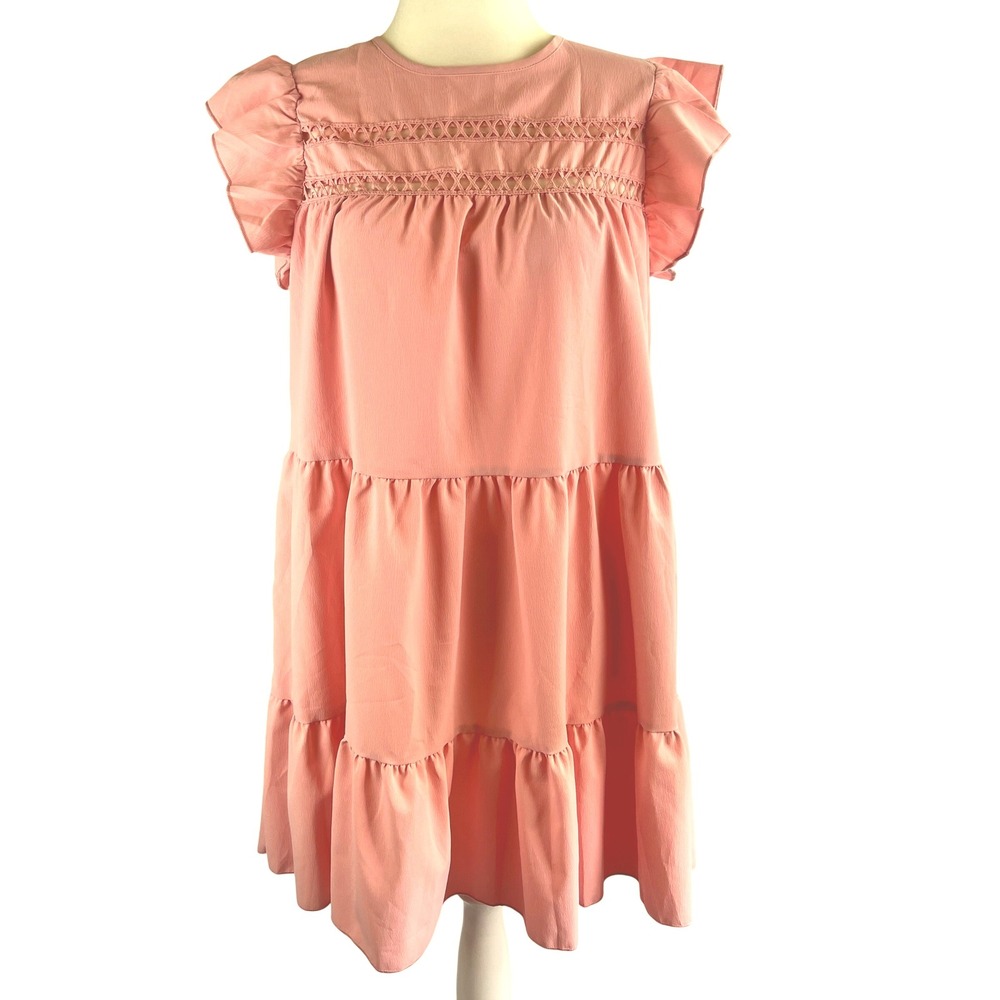 Sason Tiered Mini Dress L Petal Pink Babydoll Eyelet Detail Fairy Cottage Core
